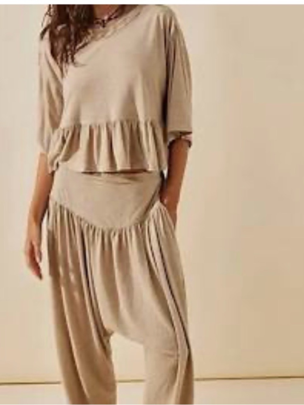 Free People Beach Olive Brown Alma RuffleTwo Piece Harem Pant Set Small - Picture 9 of 9